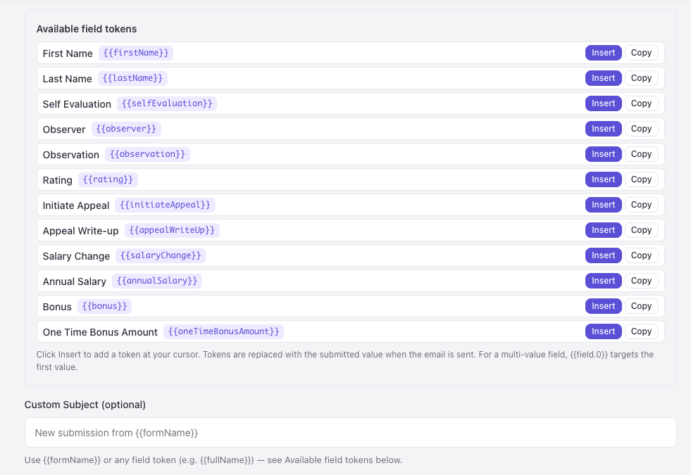 Emails tokens on form settings page